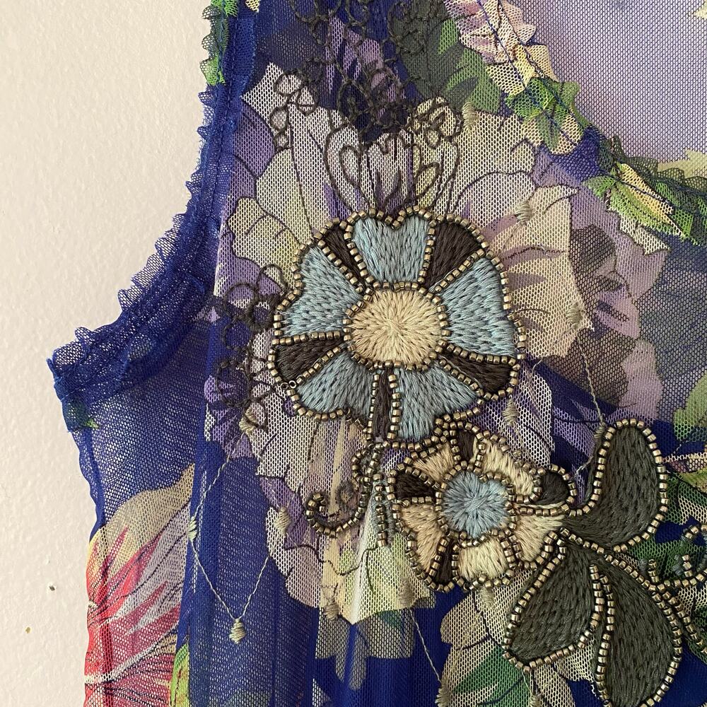 Johnny Was Women's Small Mazzy Ruffle Dress Blue Floral Embroidered Beaded - Picture 8 of 12